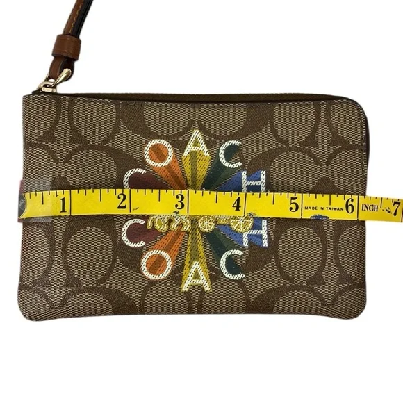 Coach EUC Rainbow Radial Print Khaki and Tan Pride Small Corner Zip Wristlet - Picture 15 of 17